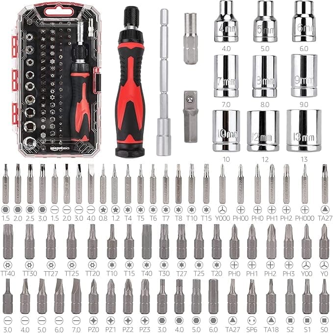 Amazon Basics 73-Piece Magnetic Ratcheting Wrench and Electronics Precision Screwdriver Set, Black, Red, Silver