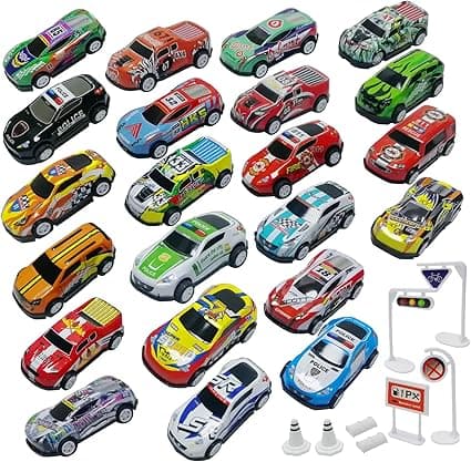 TOYABI Pullback Diecast Cars, 30Pcs Die Cast Metal Toy Cars With Roadblock, Small Cars For Kids