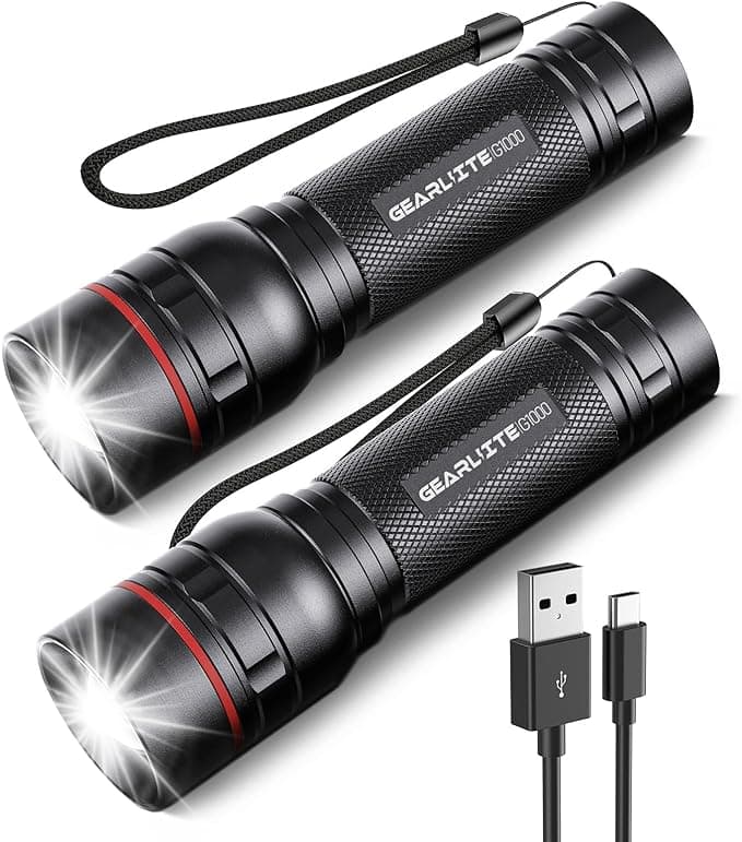 GEARLITE LED Torch Rechargeable, 2 Pack Super Bright Adjustable Focus Flashlight, 3 Lighting Modes, Long Battery Life, Waterproof Pocket Size Torch for Power Cuts, Emergency