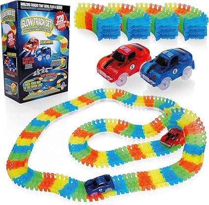 Create-A-Track Car Track Set - Race Track Toy With 220 Track Pieces & 2 Light Up Cars - Glow Tracks Racing Set For Boys or Girls