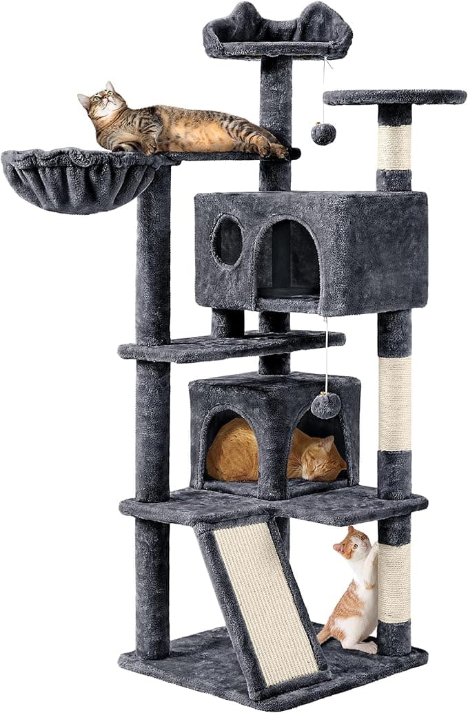 Yaheetech Cat Tree, 144.5cm Multi-level Cat Climbing Tower w/Sisal Scratching Posts, Double Cat House and Dangling Balls Kitten Activity Centre Cat Play House, Dark Grey