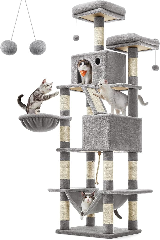 FEANDREA Cat Tree, 206 cm Large Cat Tower with 13 Scratching Posts, 1 Scratching Ramp, 2 Perches, 2 Caves, Basket, Hammock, Pompoms, Multi-Level Plush Cat Condo for Indoor Cats, Light Grey