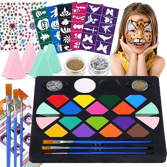 BOBISUKA Face Painting Kit for Kids - 16 Colors Water Based Body Face Paint Includes Brushes,Sponges,Glitters,Gem Sheet,Instructions,Stencils for Halloween Party Costume SFX Makeup