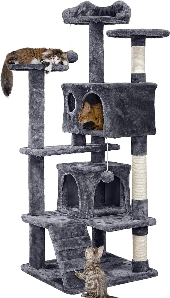 Yaheetech 138.5cm Cat Tree Tower Scratching Posts Multilevel Cat Climbing House with Condos & Ladder Cat Activity Centre for Indoor Cats, Dark Grey