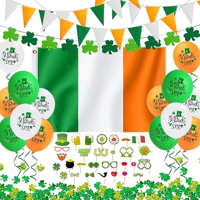 iZoeL St Patricks Day Decorations St Patricks Day Accessories, Irish Flag Bunting St Patricks Day Balloons Photo Booth Props Shamrocks Confetti for Home Bar Irish Paddy's Day Outside Party Decoration