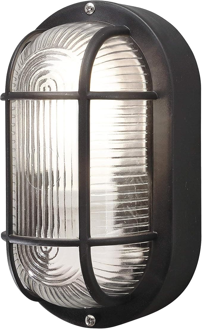 Konstsmide 7650-750 Elmas Bulk Head Outdoor Wall Light Mains Powered / W: 12cm D: 10.5cm H: 20cm / 1 x 40 W E27 Max Wall Lamp / Clear Ribbed Glass / Plastic / IP44 / Outside Light Black