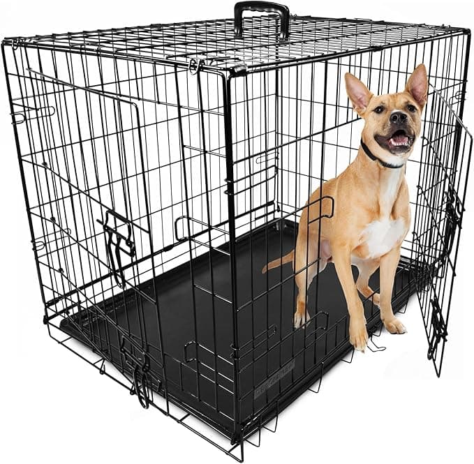 DogCrates+ Medium Foldable Dog Crate with 2 Doors, Non-Chew Plastic Removable Tray, 30-Inch Black