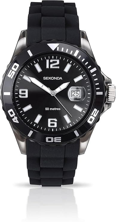 Sekonda Mens 44 mm Black Analogue Watch Magnified Date Bubble and Silicone Strap Water Resistant 50 m