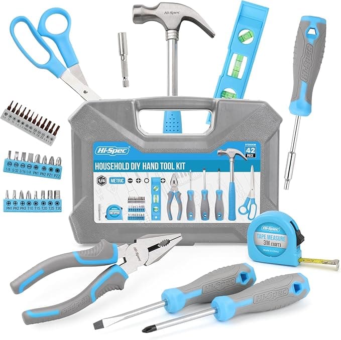 Hi-Spec Tool Kit Household DIY 42pc, Blue Handy Tool Set with Essential Hand Tools for Home, Office, College Dorm - Starter Basic Tools for Repair and Maintenance with Tool Box