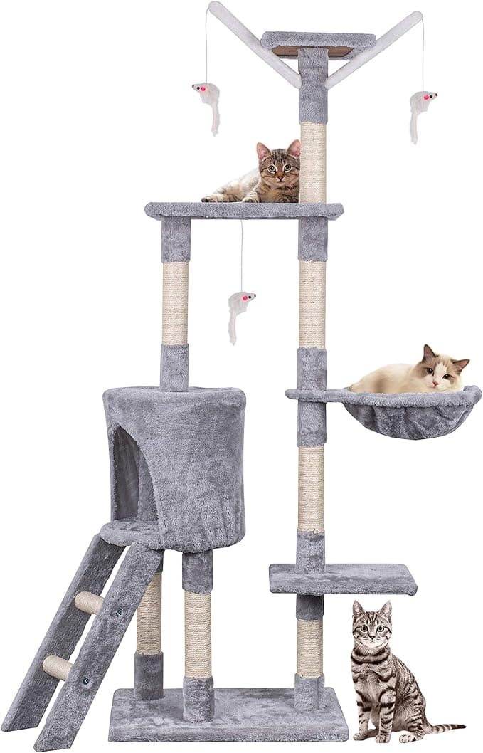 Cat Tree, 145cm Cat Scratch Posts Multi-Level Stable Cat Climbing Tower Cat Activity Trees with Ladder, Indoor Pet Activity Furniture Play House for Kitty Kitten