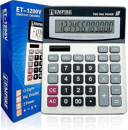 Empire Desk Calculator with Large Key Buttons, 12 Digits, Large Eye-Angled Display, Solar and Battery Powered for Home and Office (Battery Included)