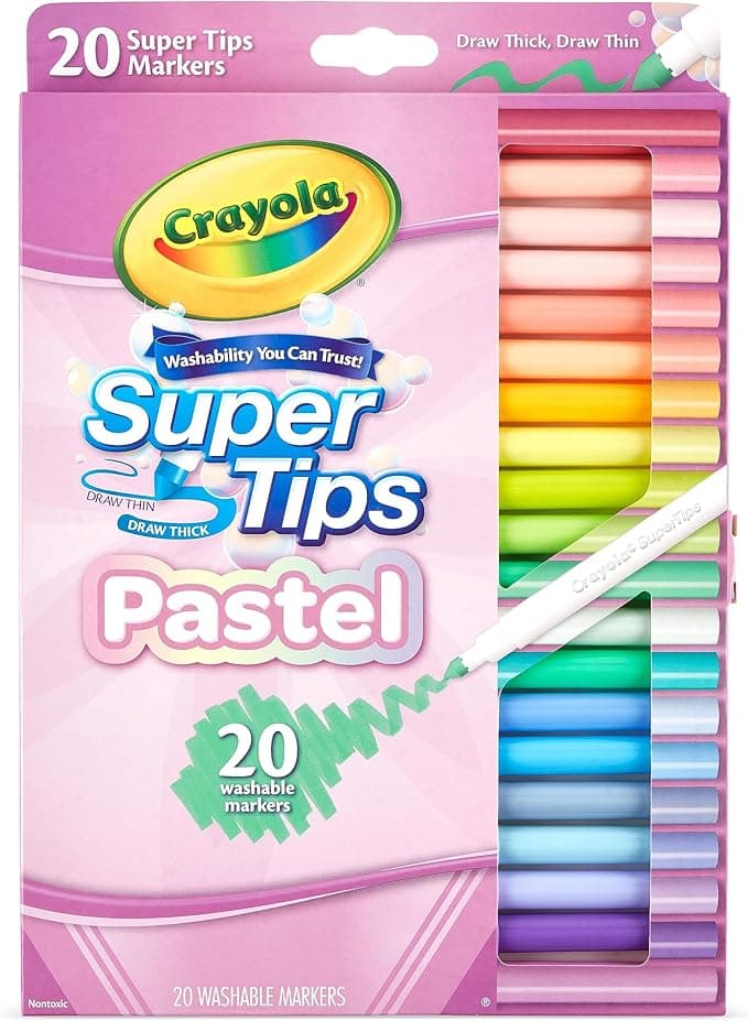 CRAYOLA Pastel SuperTips Washable Markers - Assorted Colours (Pack of 20) | Premium Felt Tip Pens That Can Easily Wash Off Skin and Clothing | For Ages 3+