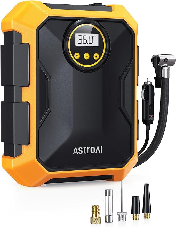 AstroAI Tyre Inflator 12V DC Portable Air Compressor, Car Accessories, Auto Tyre Pump 100PSI with LED Light, Digital Air Pump for Car Tyres Bicycles Other Inflatables (Yellow)