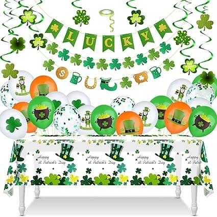 PLULON 40Pcs St. Patrick's Day Decorations, Lucky Banner, Shamrock Hanging Swirls, St. Patrick's Day Balloons, Happy St. Patrick’s Day Tablecloth Shamrock Ornaments for Irish Party Favors Supplies