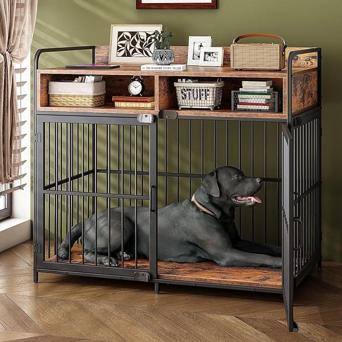 Large Dog Crate Furniture with Drawer Storage | Large Indoor Wood Dog Kennel | Heavy Duty Metal Dog Cage Table | 103×60×80CM - Rustic Brown