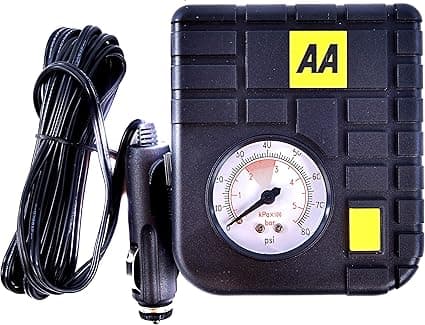 AA Car Essentials 12V Compact Tyre Inflator AA5007 – For Cars Vans Motorbikes Vehicles Inflatables Bicycles - PSI BAR KPA 0-80 PSI – Includes Adaptors, Black