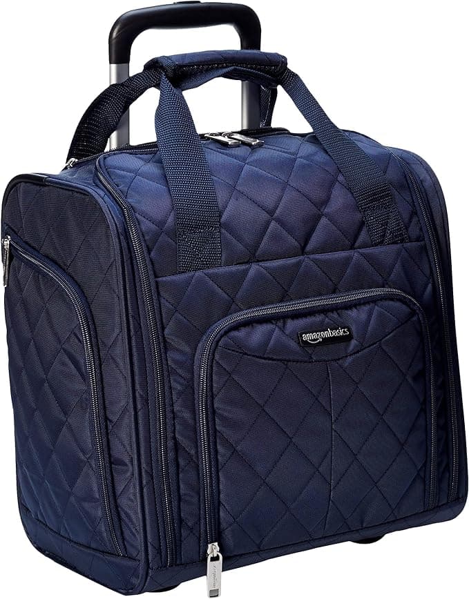 Amazon Basics Underseat Travel Luggage / Suitcase with Telescopic Handle and 2 In-line Skate Wheels - 34 x 24 x 36 cm, Navy Blue Quilted